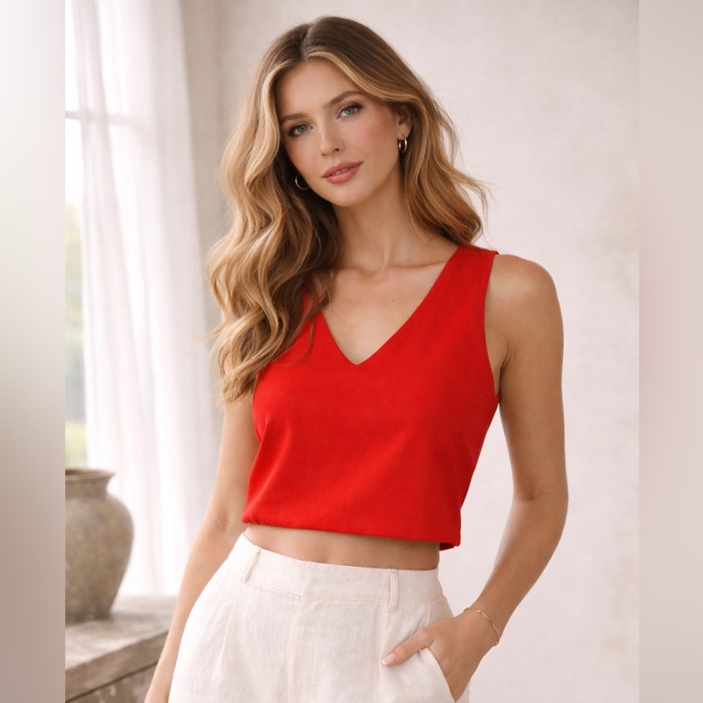 XXI Cropped Sleeveless V-Neck Top Women’s Large Red Minimalist Chic